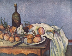 Stilleben mit Flasche und Zwiebeln nach C�zanne